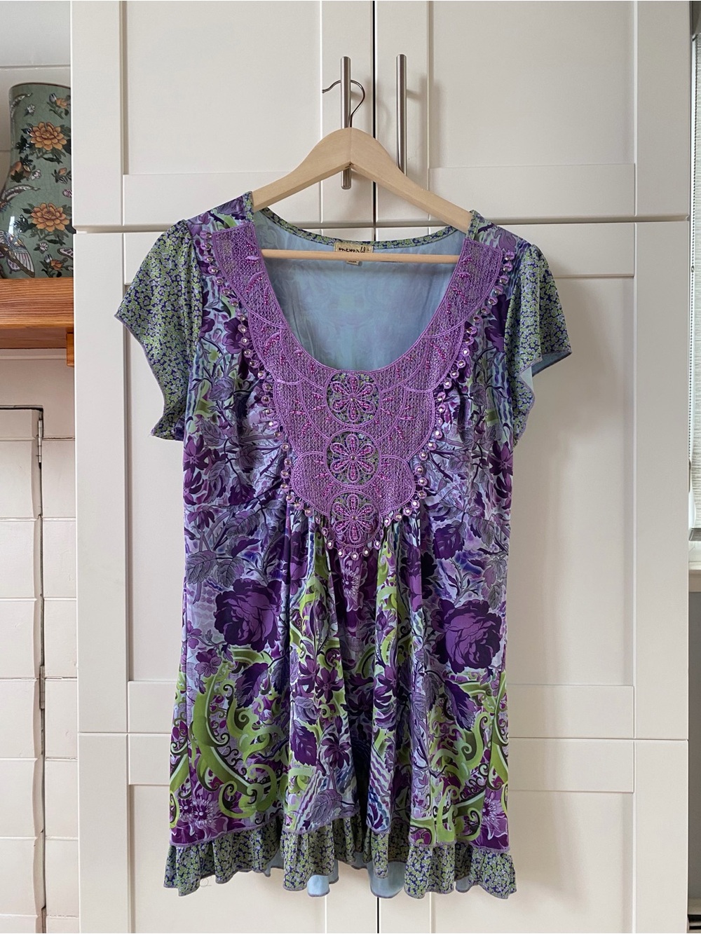 One World Floral Boho Lace & Rhinestone Detailed Tunic Blouse